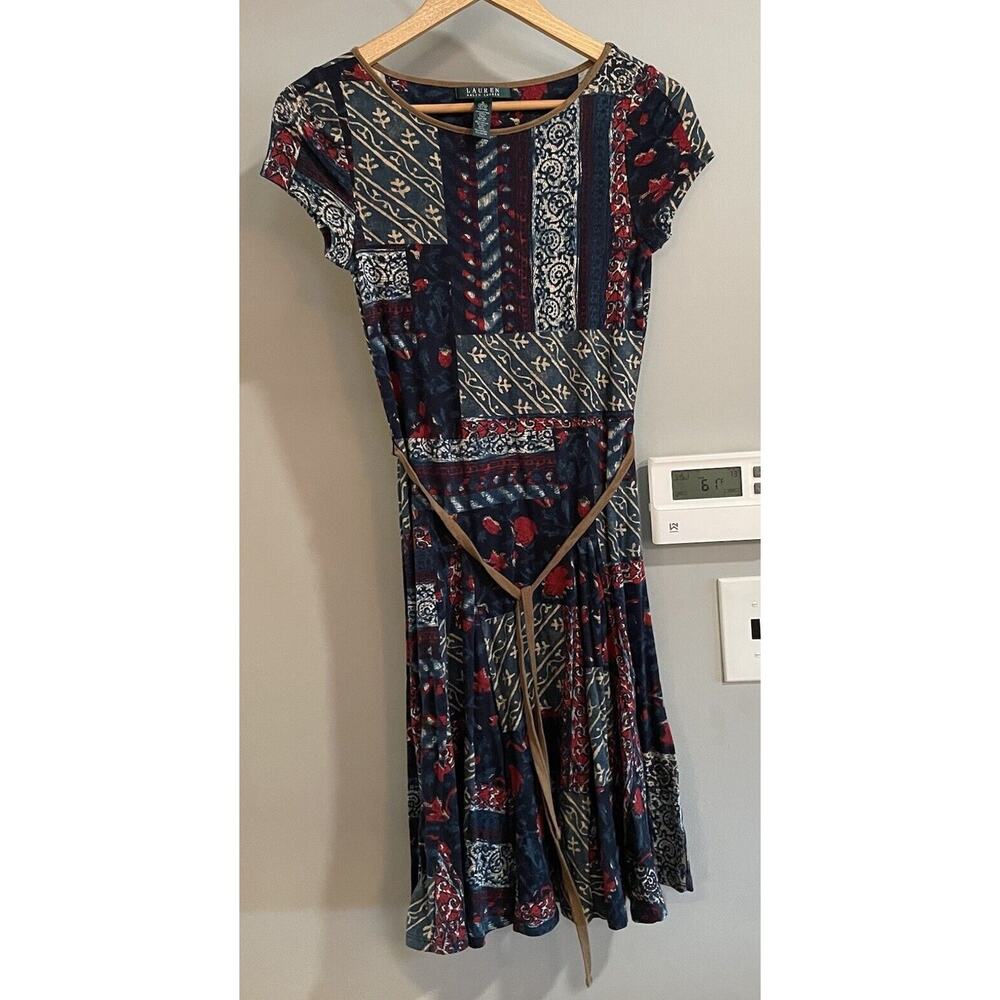 Lauren Ralph Lauren Dress Fit Flare Patchwork Print Waist Tie Womens Small